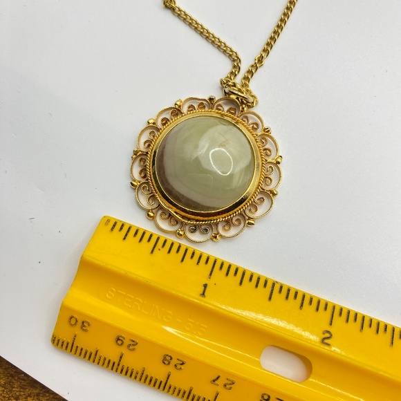 Natural Agate Filigree Gold Framed Pendant 24" Vintage Necklace - Picture 3 of 8